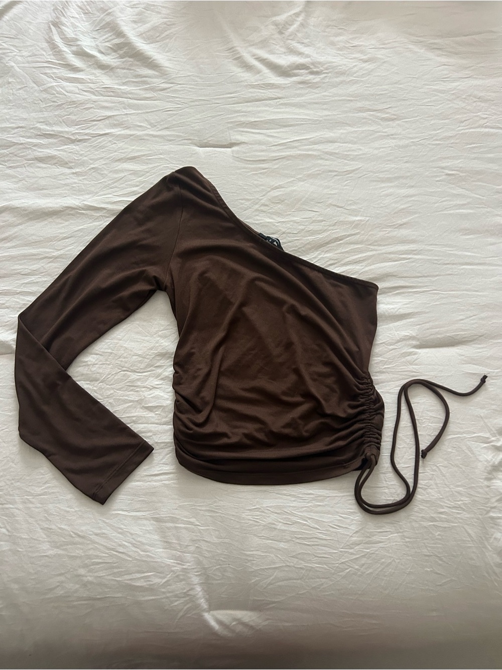 Ambiance Chocolate Brown One-Shoulder Ruched Long Sleeve Top